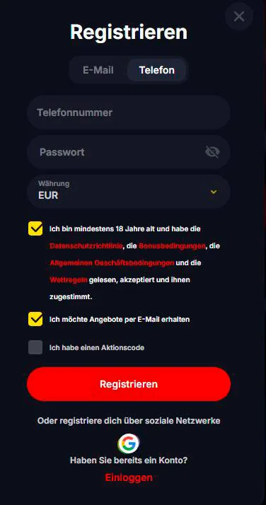 Registrieren Sie sich bei Yep Casino.
